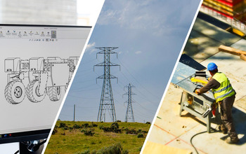 A composite image showing, from left to right, a computer monitor with a 3D line drawing of a machine being drafted, high power lines on a green field and a construction worker using a table saw.